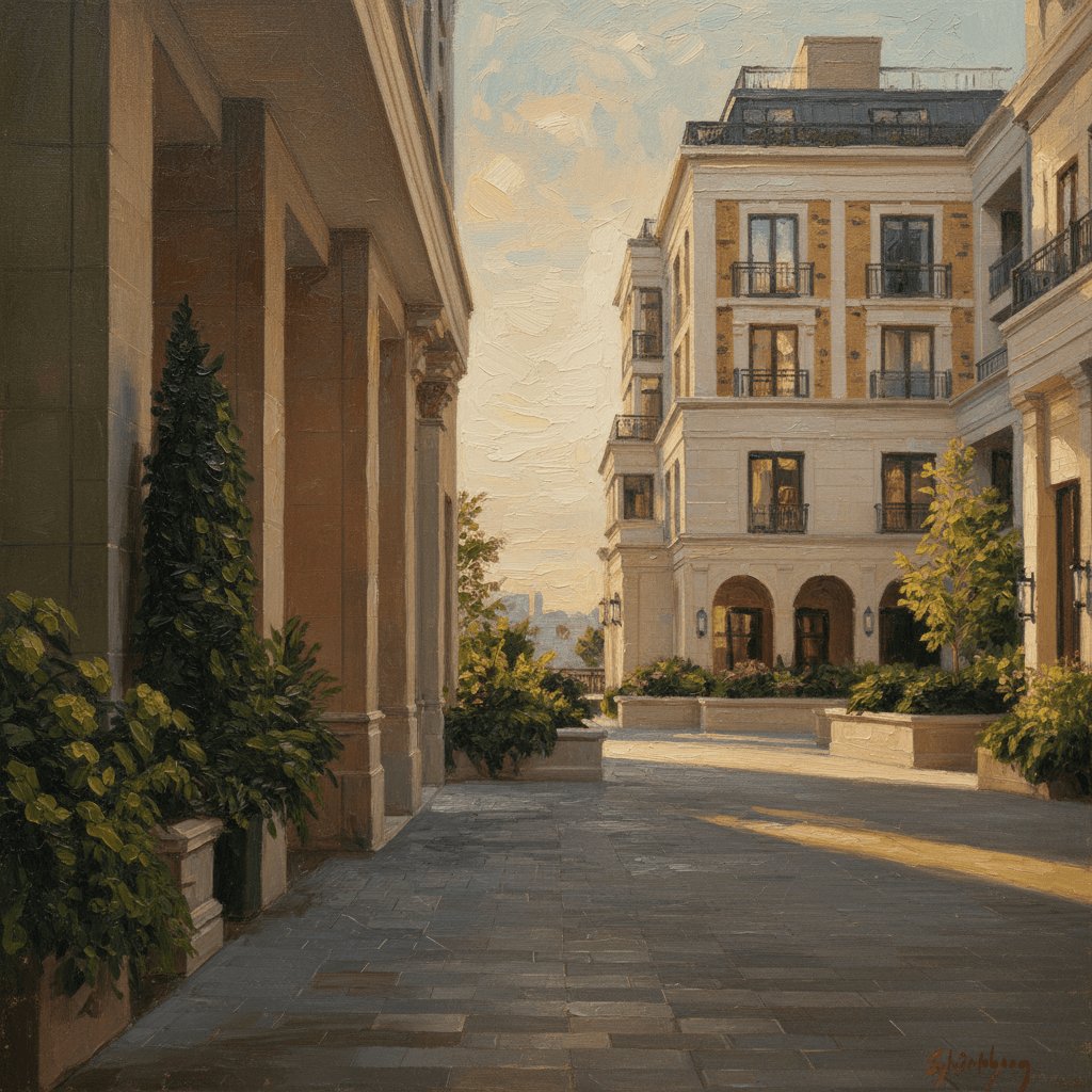 Painted sunlit courtyard of a multifamily residence