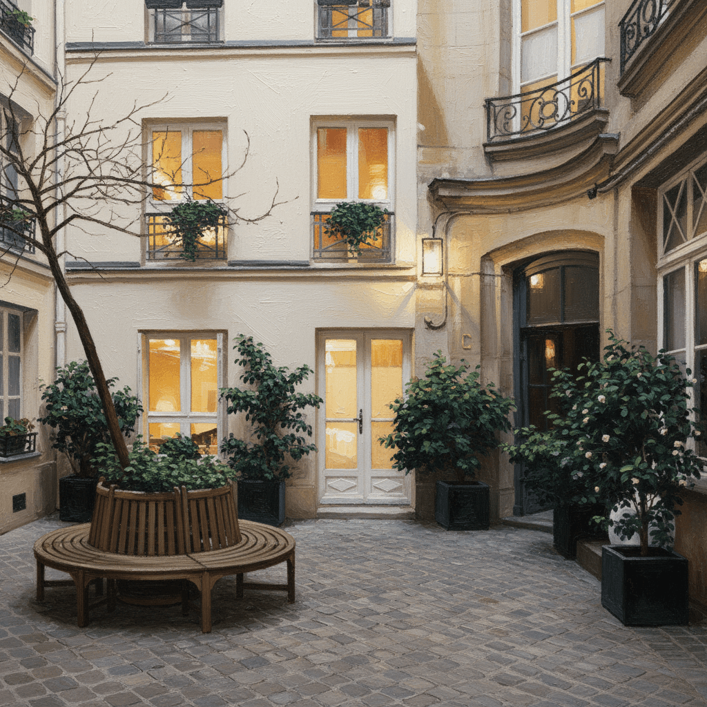 A landscaped residential courtyard with warm windows and a circular wooden bench